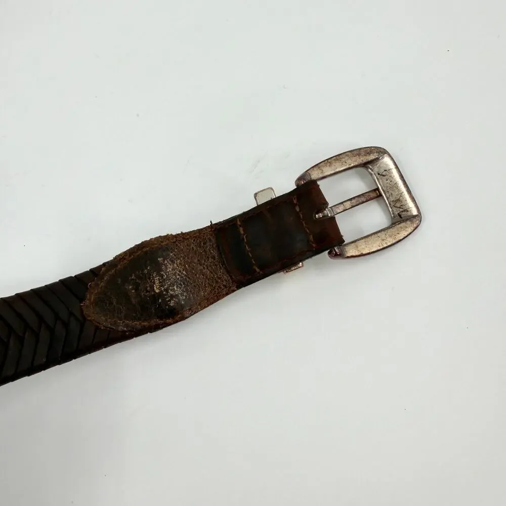 Vintage 90s Brown Genuine Leather Western Woven Silver Tip Belt